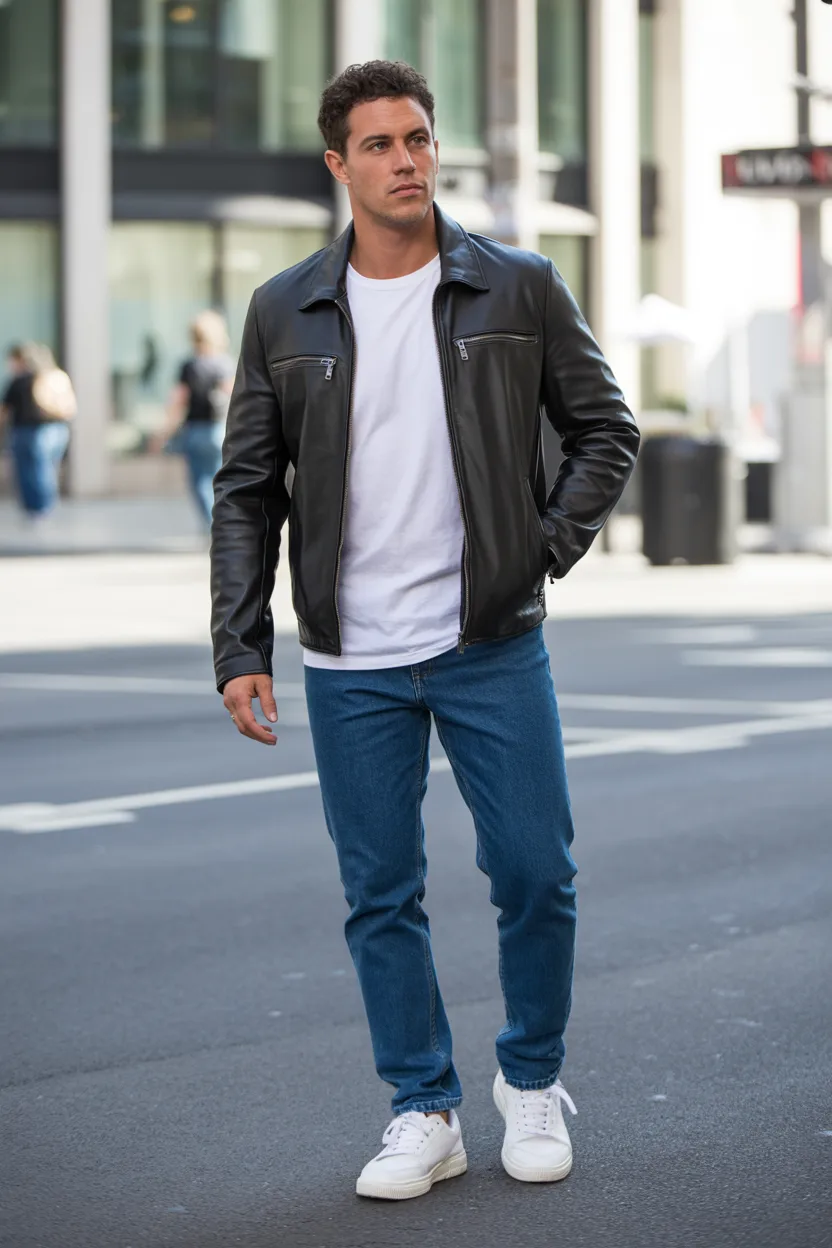 Black Leather Jacket With White T Shirt and Blue Jeans