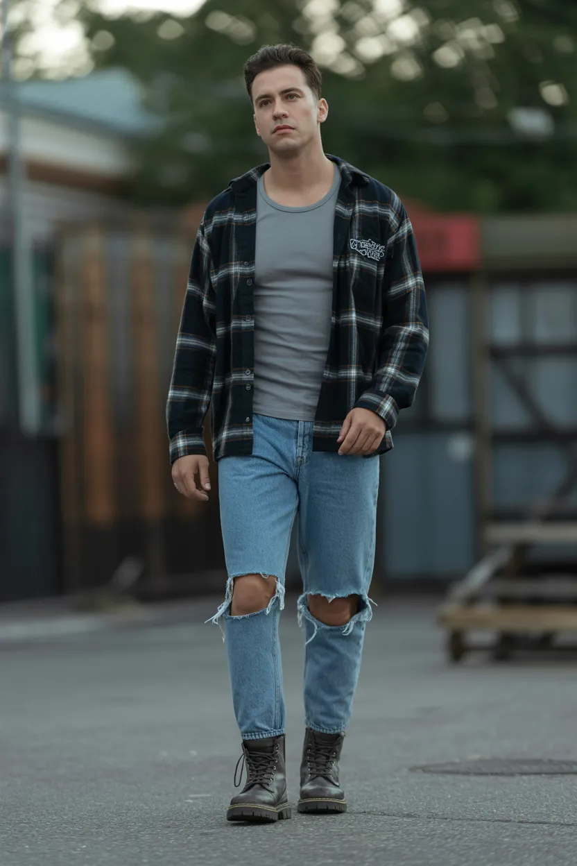 Plaid Shirt With Ripped Jeans