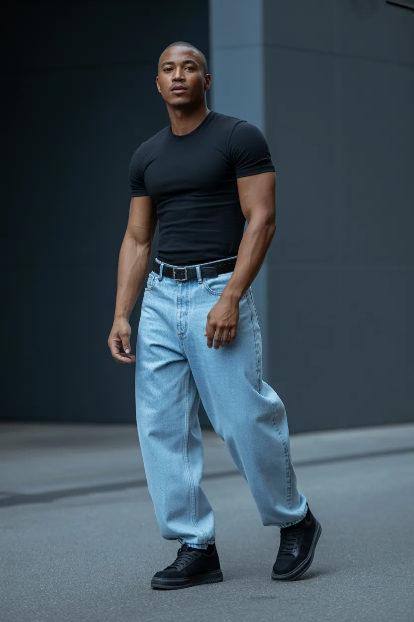Baggy jeans with a fitted black T-shirt