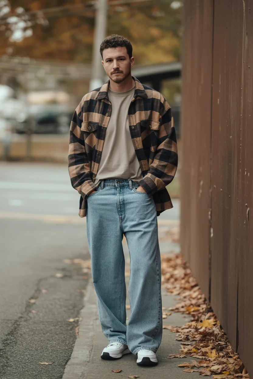 Baggy jeans with a flannel shirt