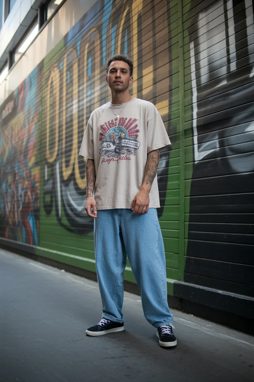 Baggy jeans with a graphic tee