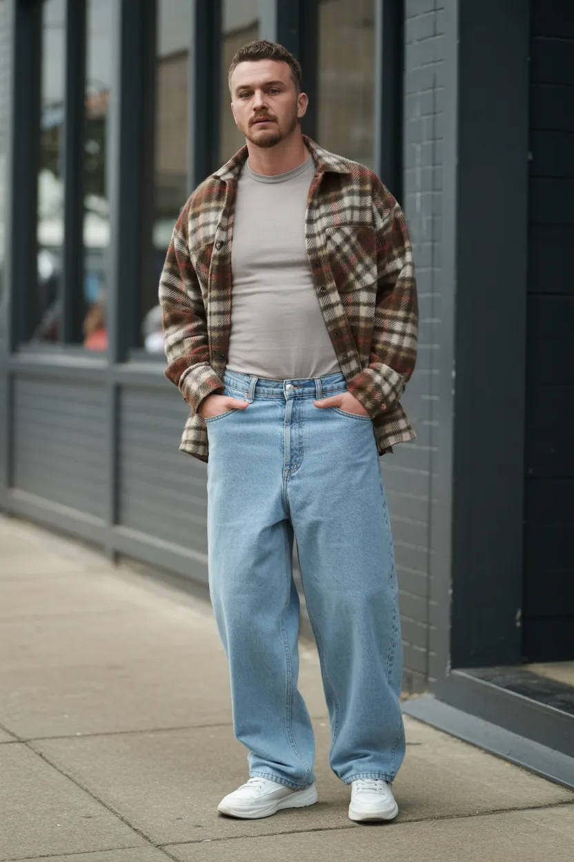 Baggy jeans with a plaid overshirt