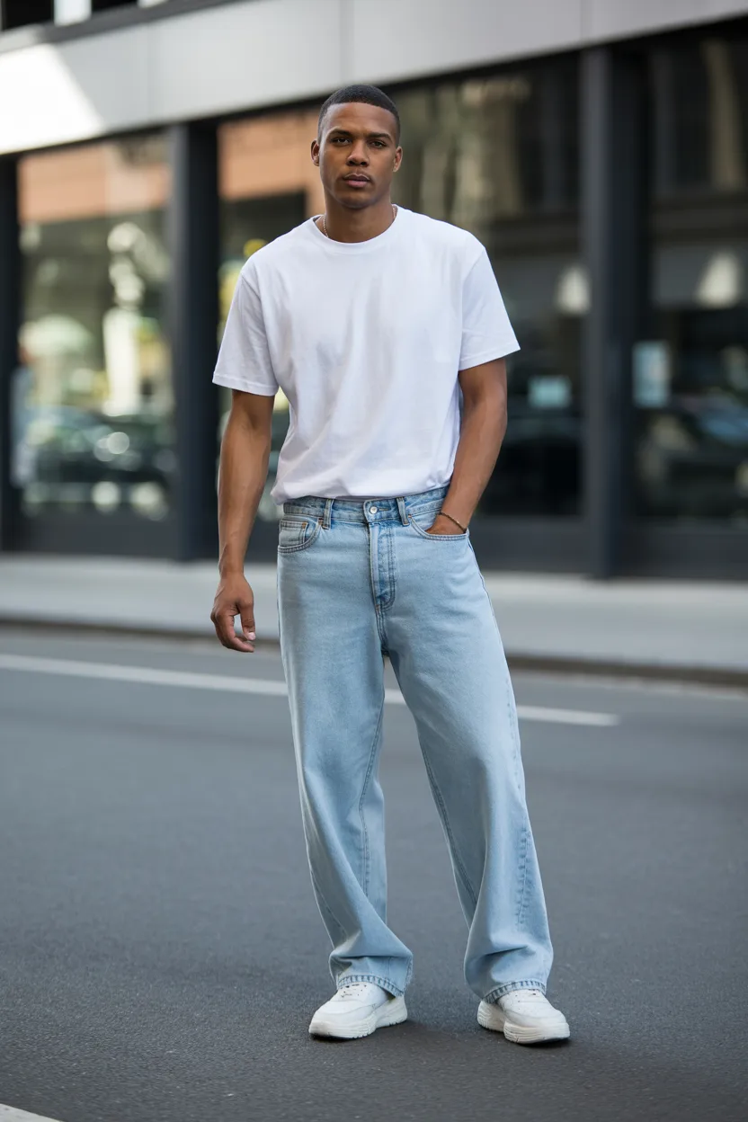 Baggy jeans with a plain white T-shirt