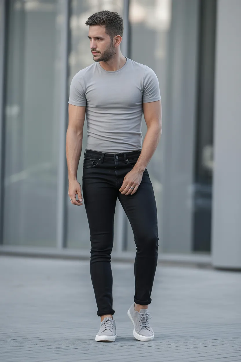 Black Jeans with a Grey T Shirt