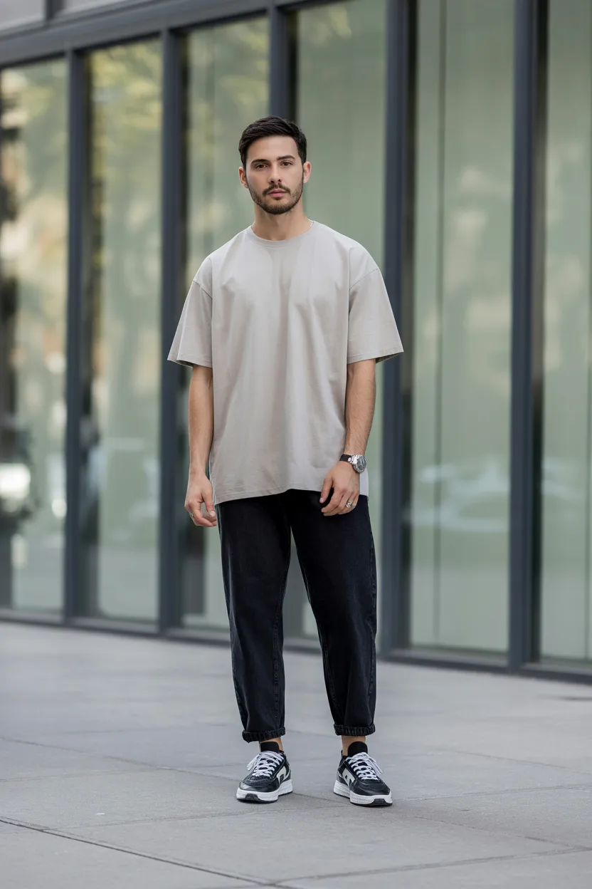 Black Jeans with a Neutral Oversized Tee