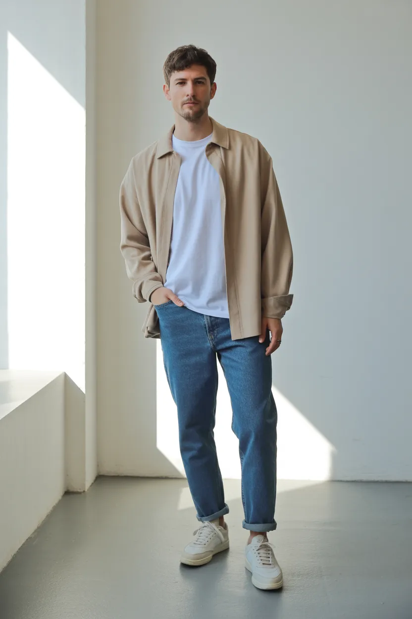 Blue Jeans with a Beige Overshirt