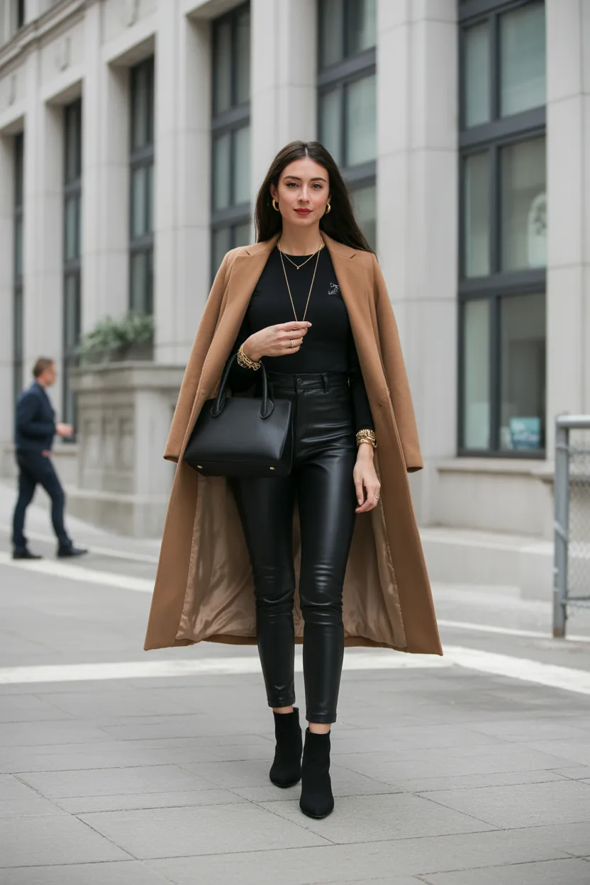 Camel Coat With Black Leggings