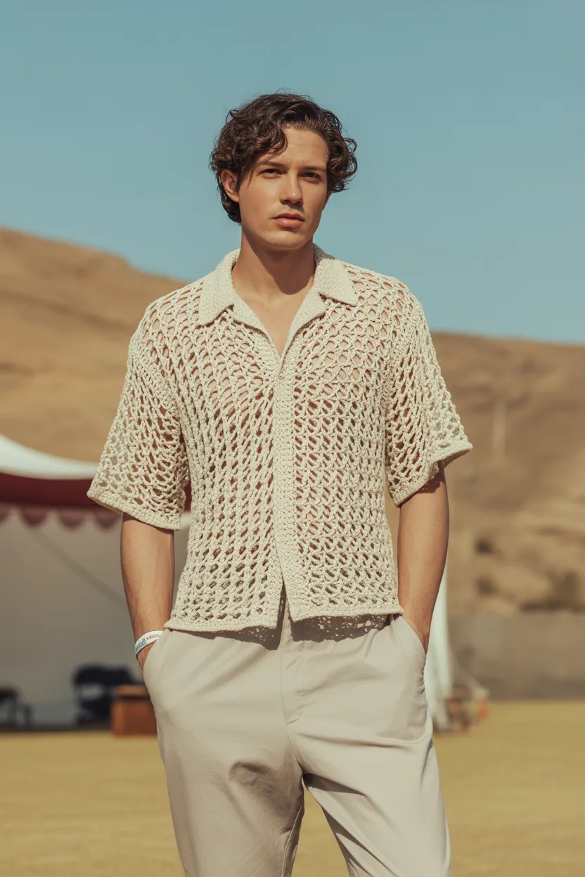 Crochet Shirt With Neutral Pants