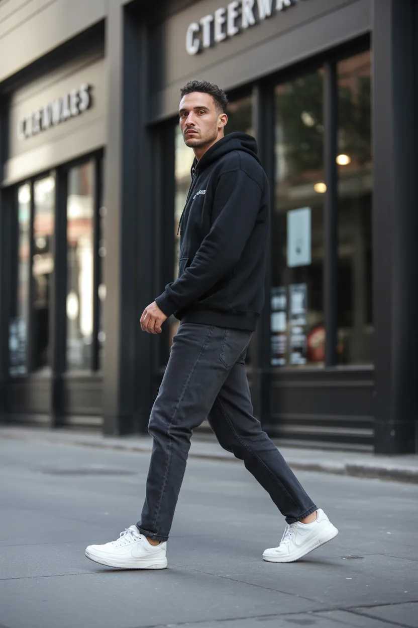 Dark Blue Jeans with a Black Hoodie