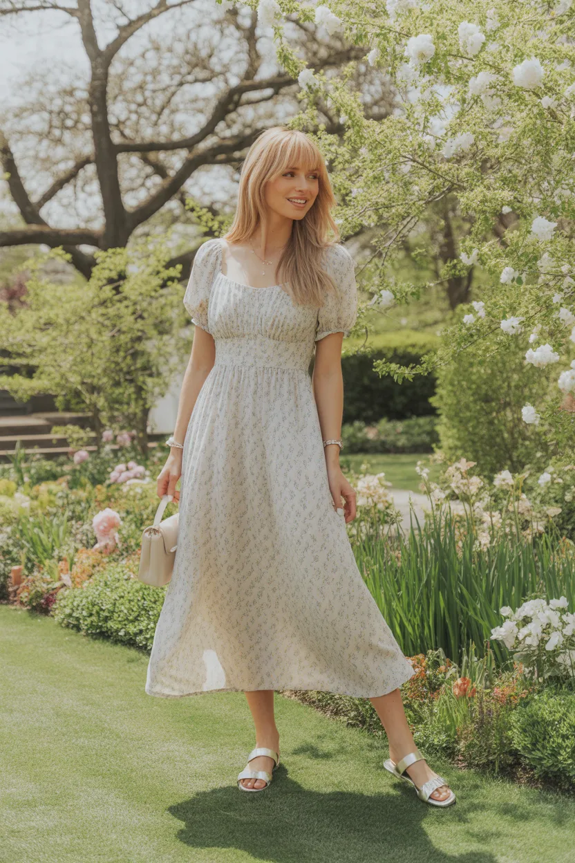 Floral Midi Dress With Simple Sandals