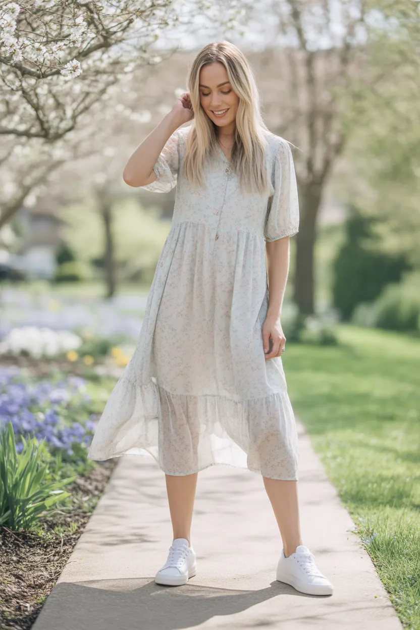 Floral Midi Dress With White Sneakers