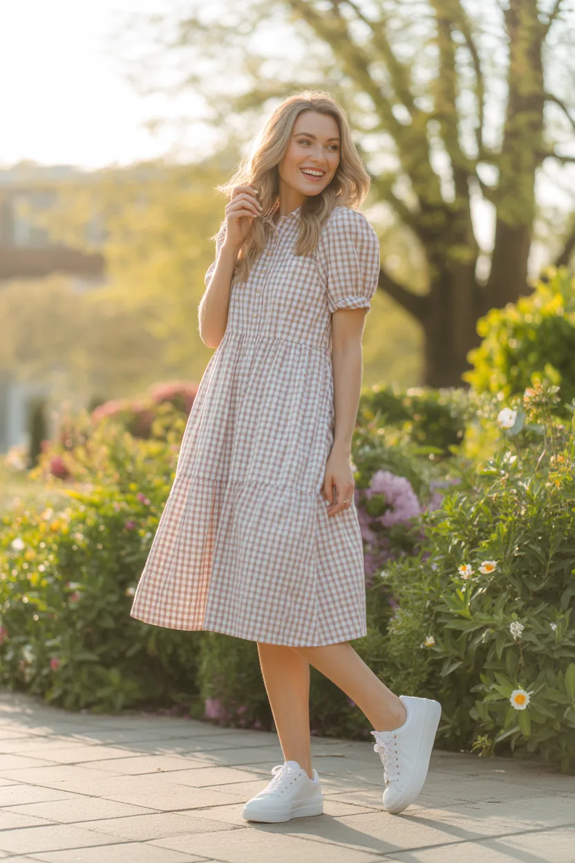 Gingham Dress With White Sneakers