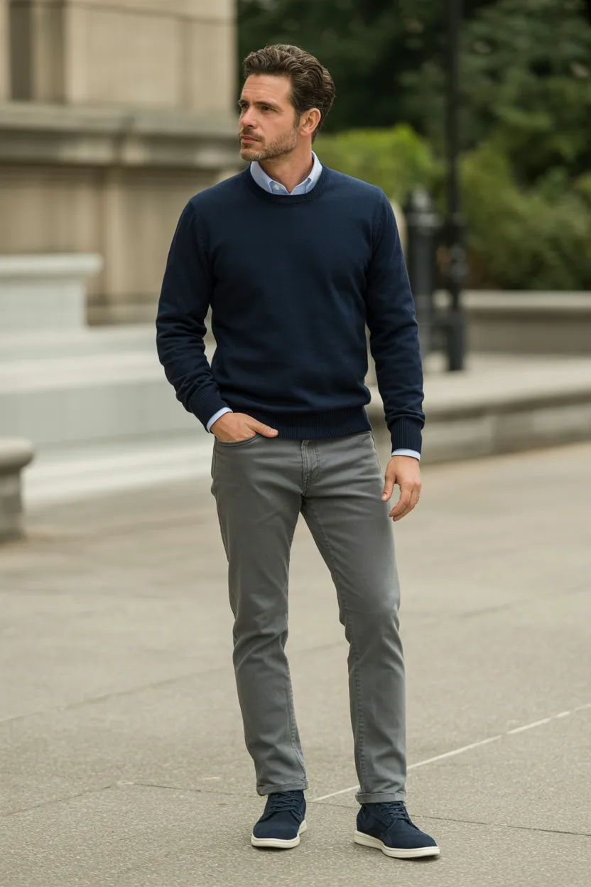 Grey Jeans with a Navy Sweater