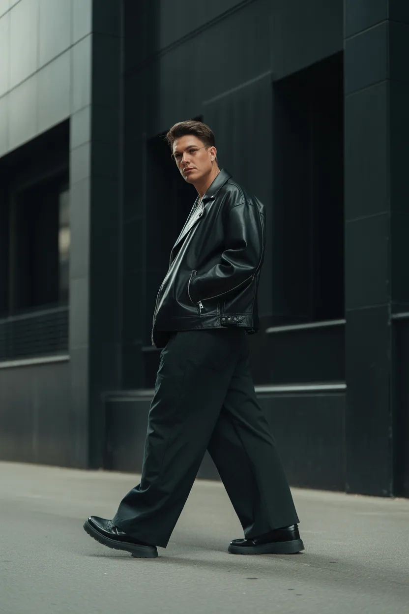 Leather Jacket With Wide-Leg Pants