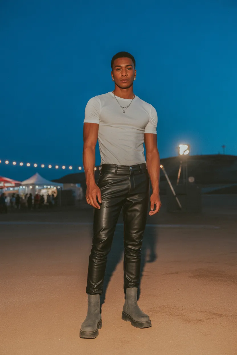 Leather Look Pants With Simple Tee