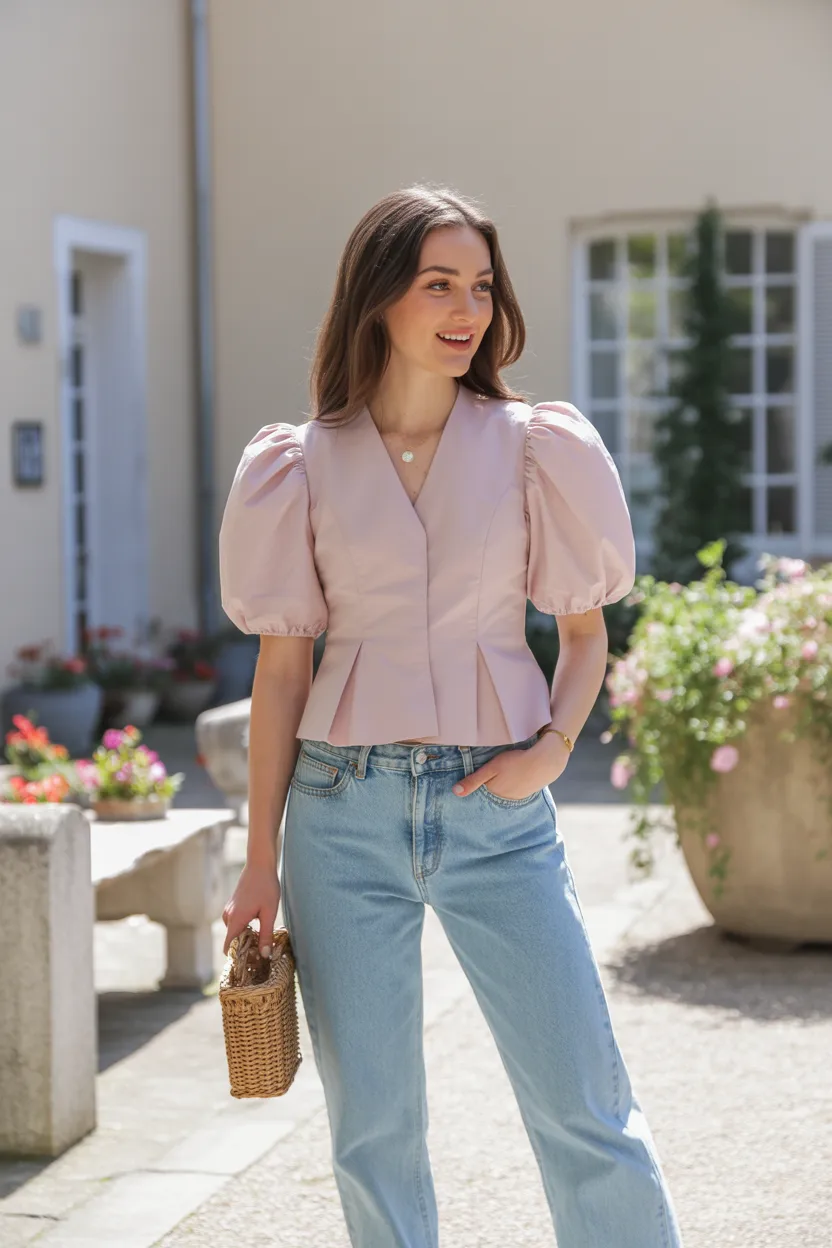Light Wash Jeans With a Puff Sleeve Blouse