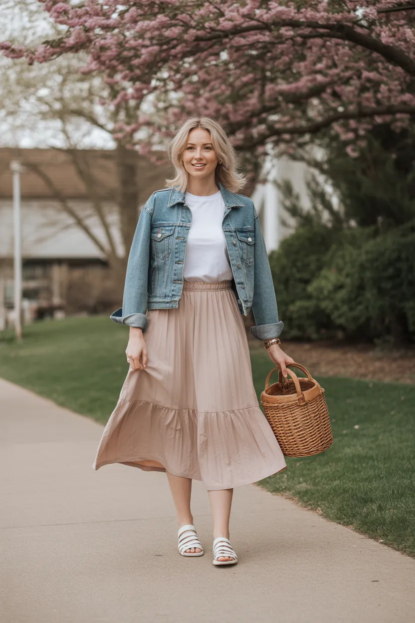 Midi Skirt With a Simple Tee and Denim Jacket