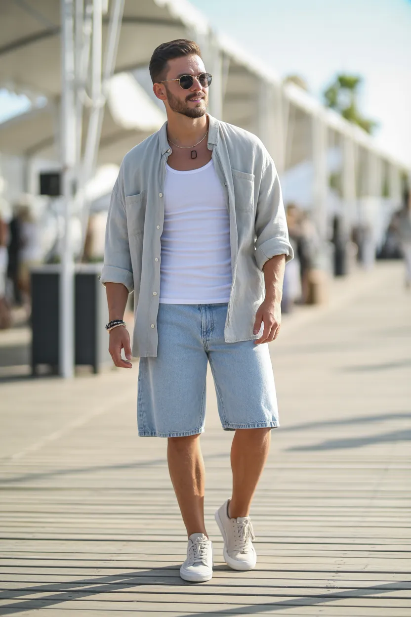 Oversized Shirt With Denim Shorts