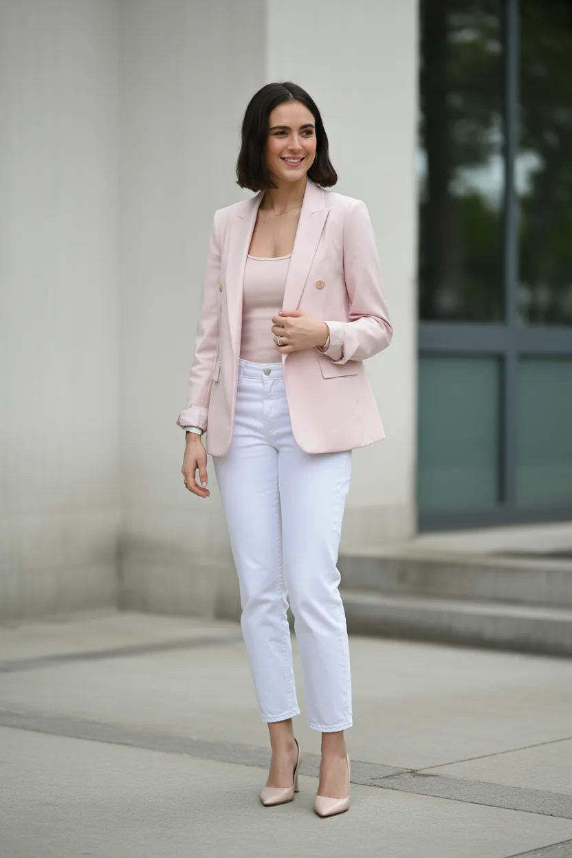 Pastel Blazer With White Jeans