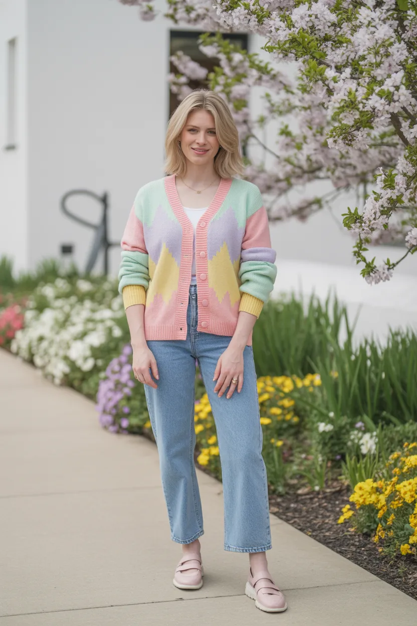 Pastel Cardigan With Straight Leg Jeans