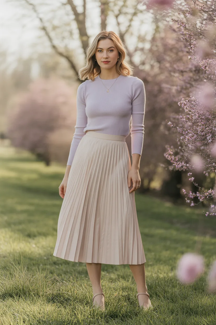Pleated Skirt With a Fine Knit Top