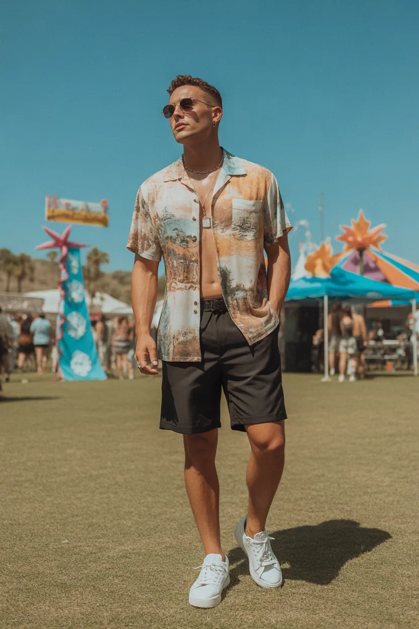 Printed Button-Up With Black Shorts