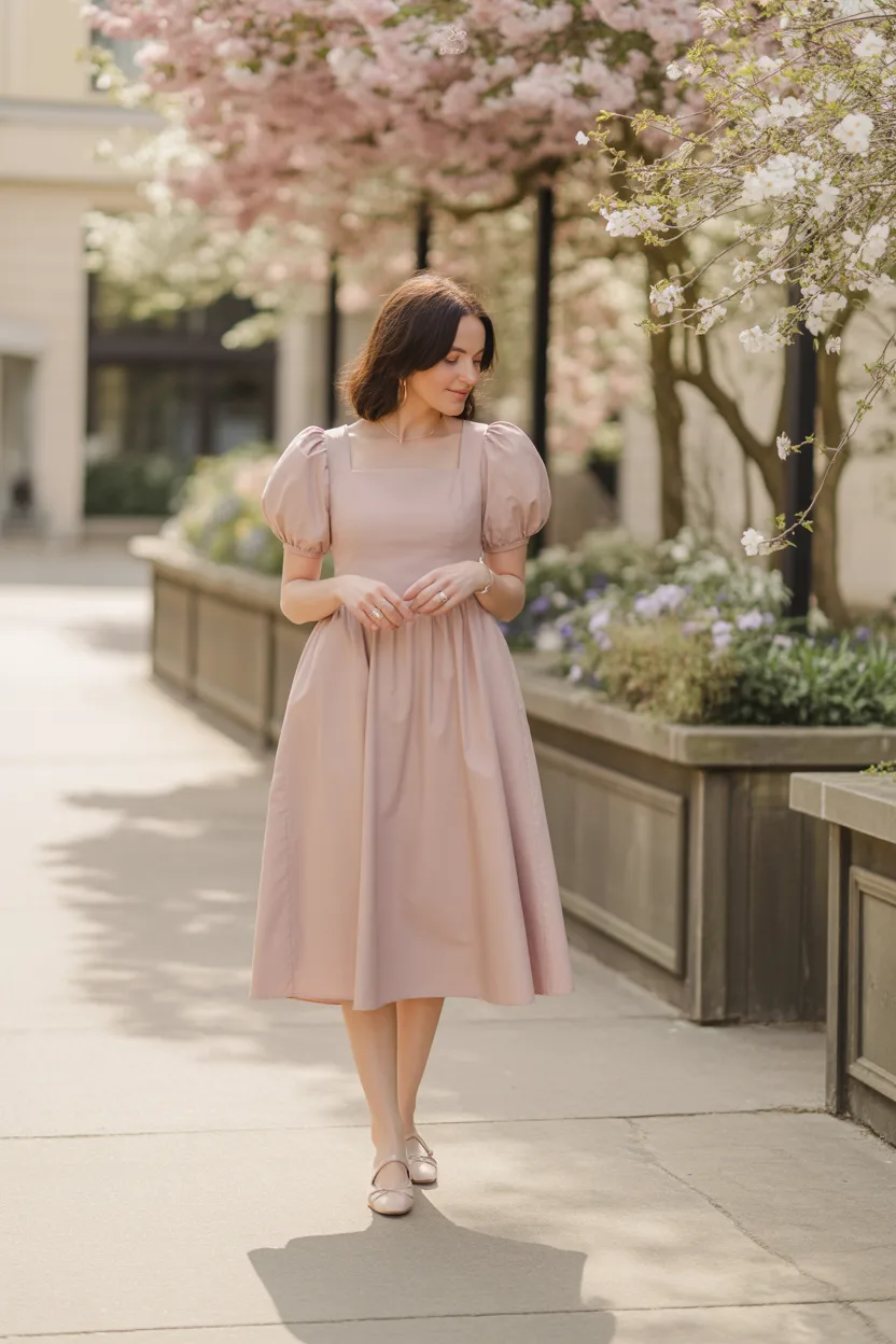 Puff Sleeve Dress With Ballet Flats