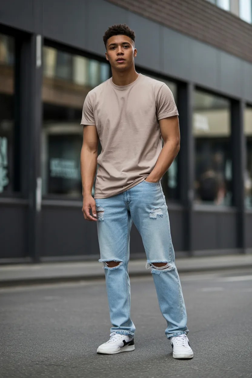 Ripped Jeans with a Fitted T Shirt