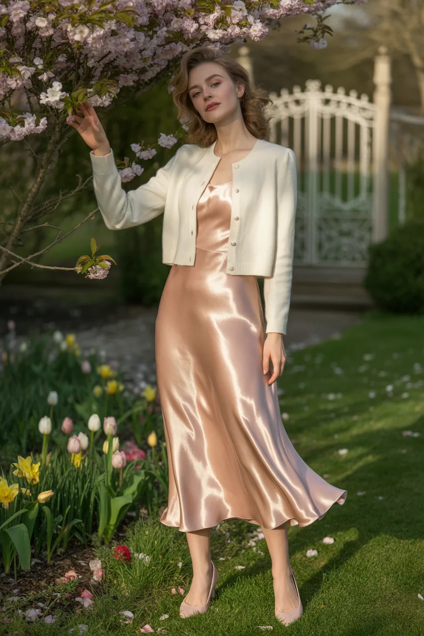 Satin Dress With a Cropped Cardigan