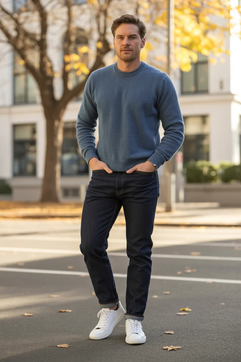 Slim Jeans with a Crew Neck Sweater