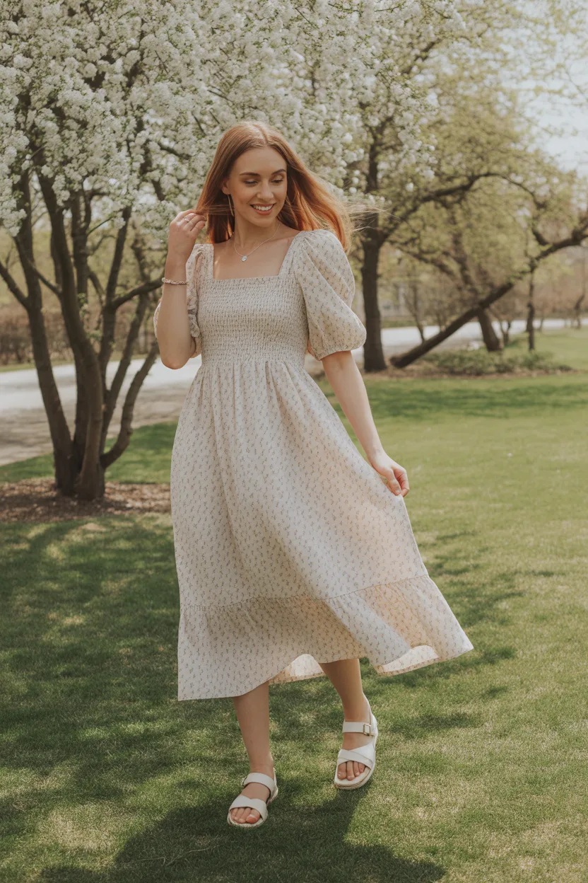 Smocked Dress With Flat Sandals