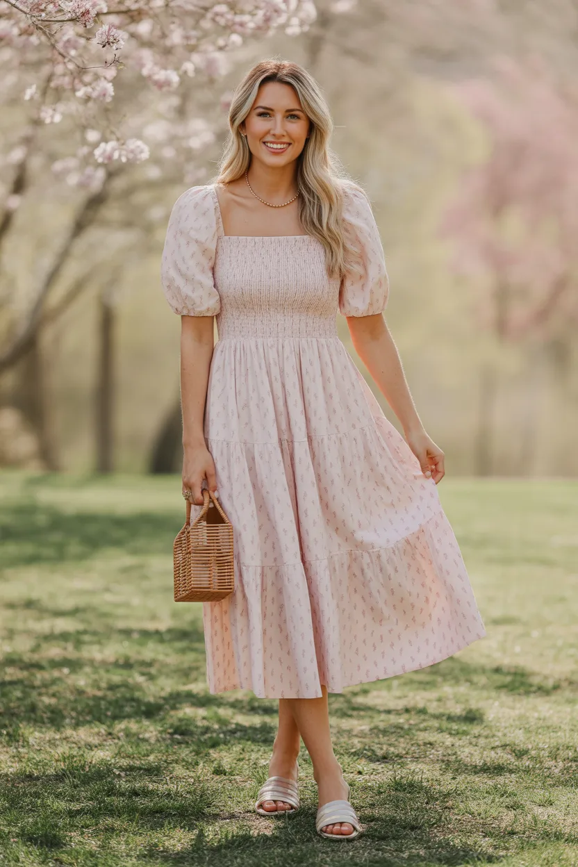 Smocked Dress With Flat Sandals
