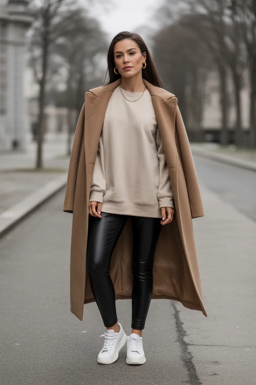 Sweatshirt With Long Wool Coat
