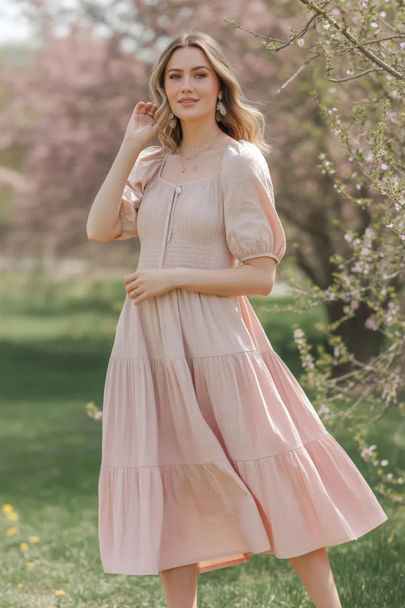 Tiered Midi Dress With Delicate Jewelry