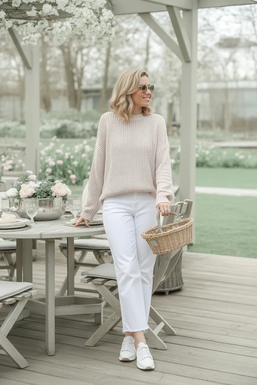 White Jeans With a Soft Knit Sweater