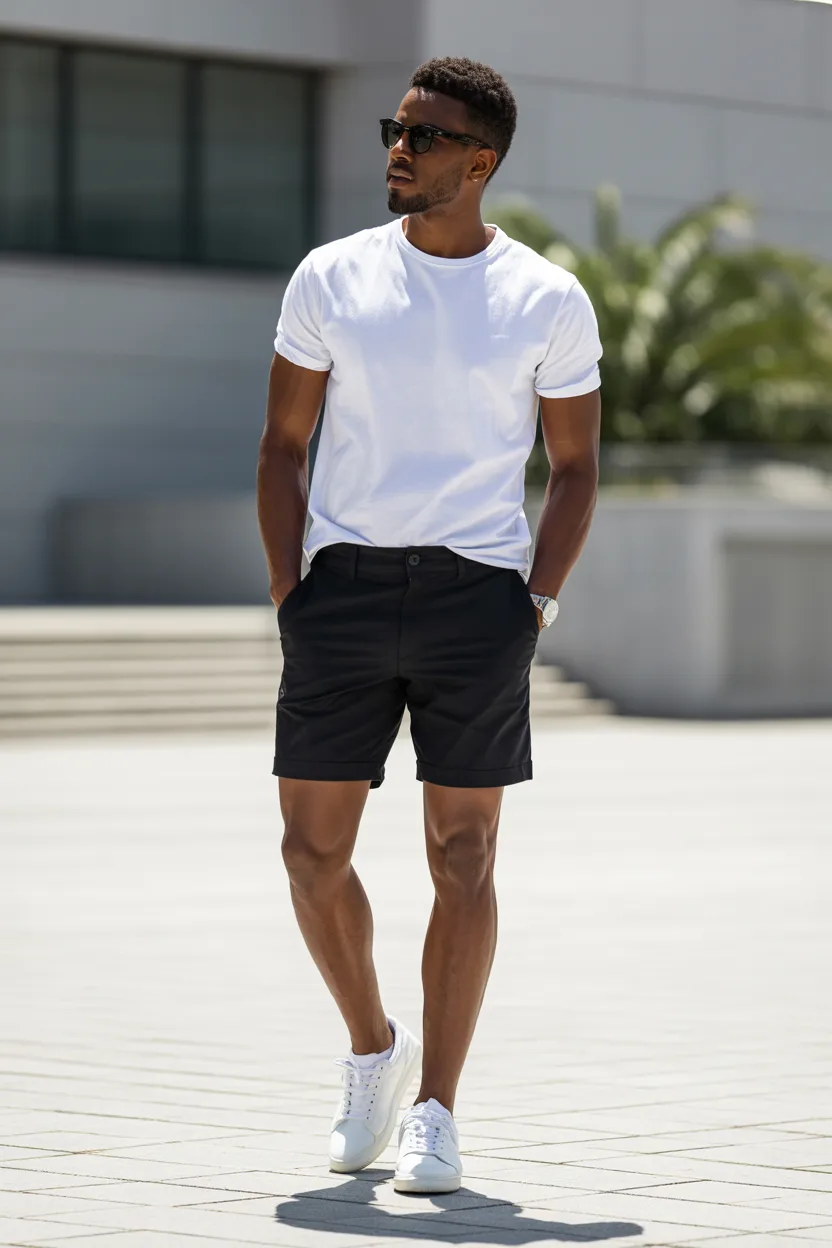 White Sneakers With Black Shorts and a White Tee
