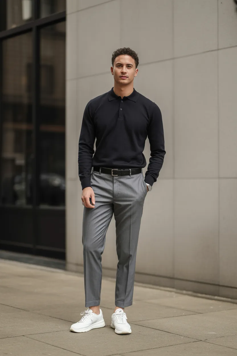 White Sneakers With Grey Trousers and a Black Knit Polo