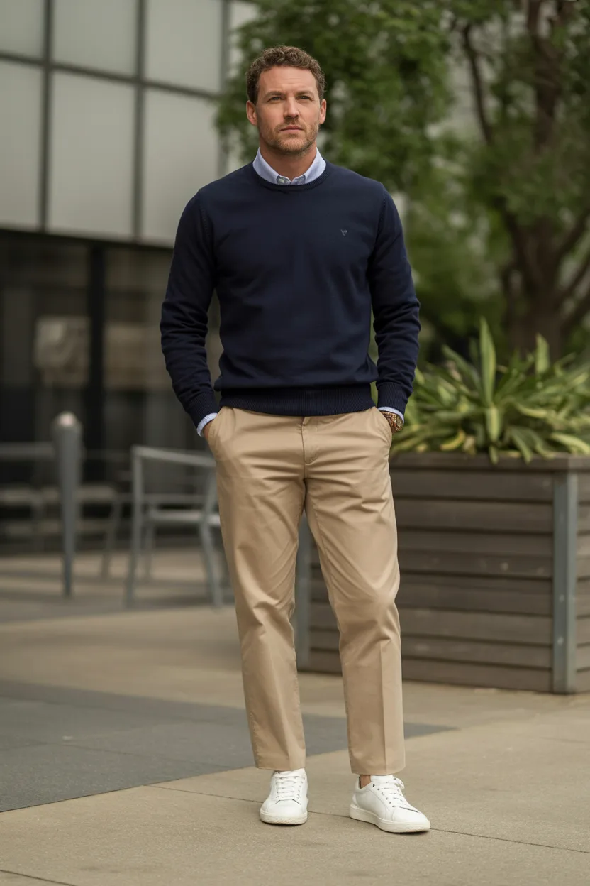 White Sneakers With Khaki Pants and a Navy Sweater