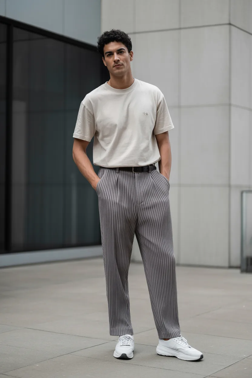 White Sneakers With Pleated Trousers and a Tucked In Tee