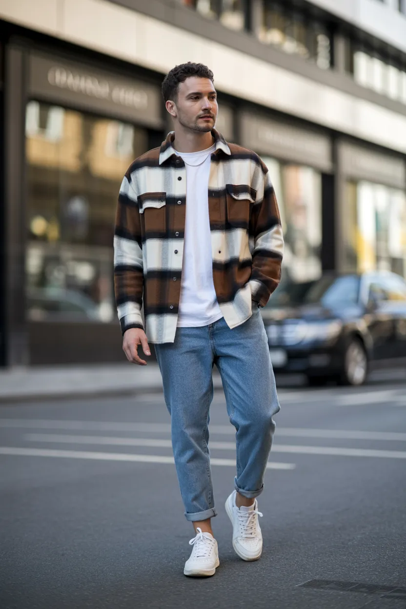 White Sneakers With Tapered Jeans and a Flannel Shirt
