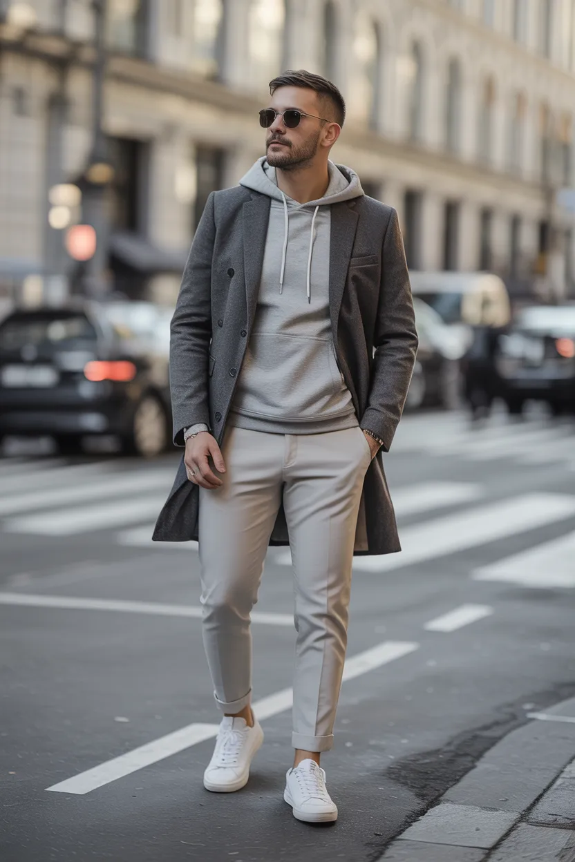White Sneakers With a Hoodie Under a Coat