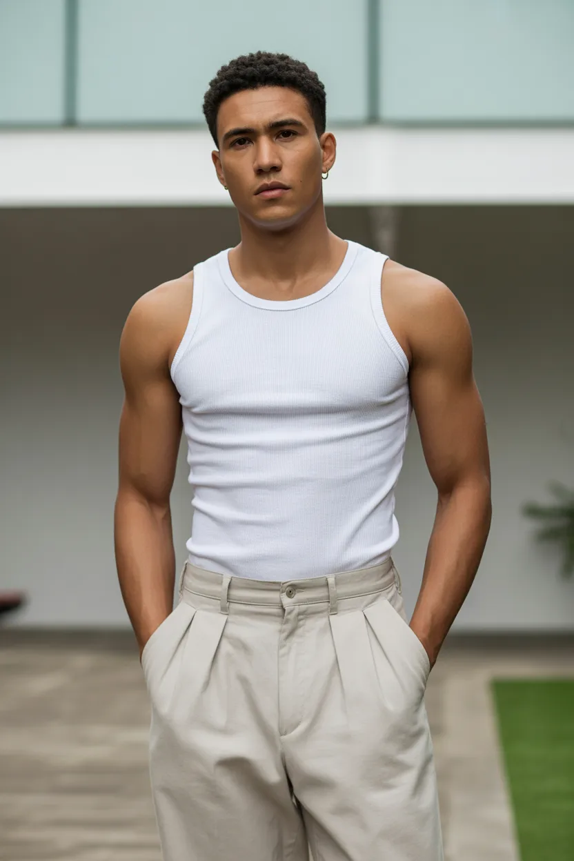 White Tank Top With Loose Trousers