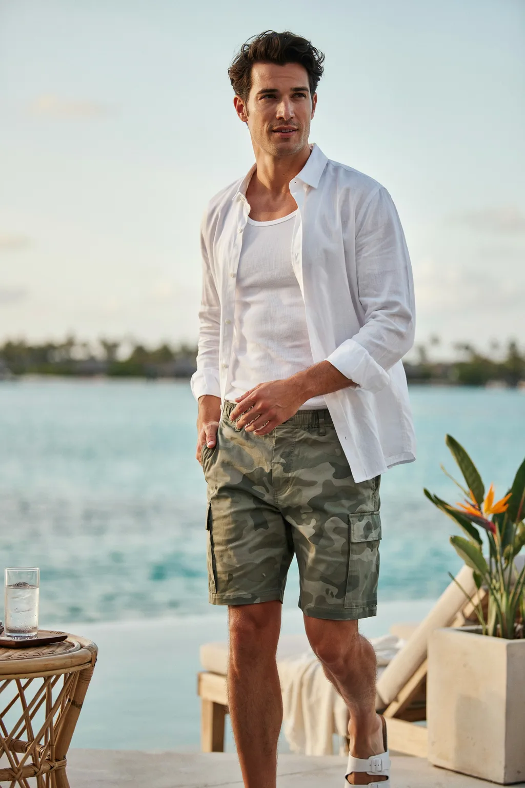 Camo Shorts with a White Linen Shirt