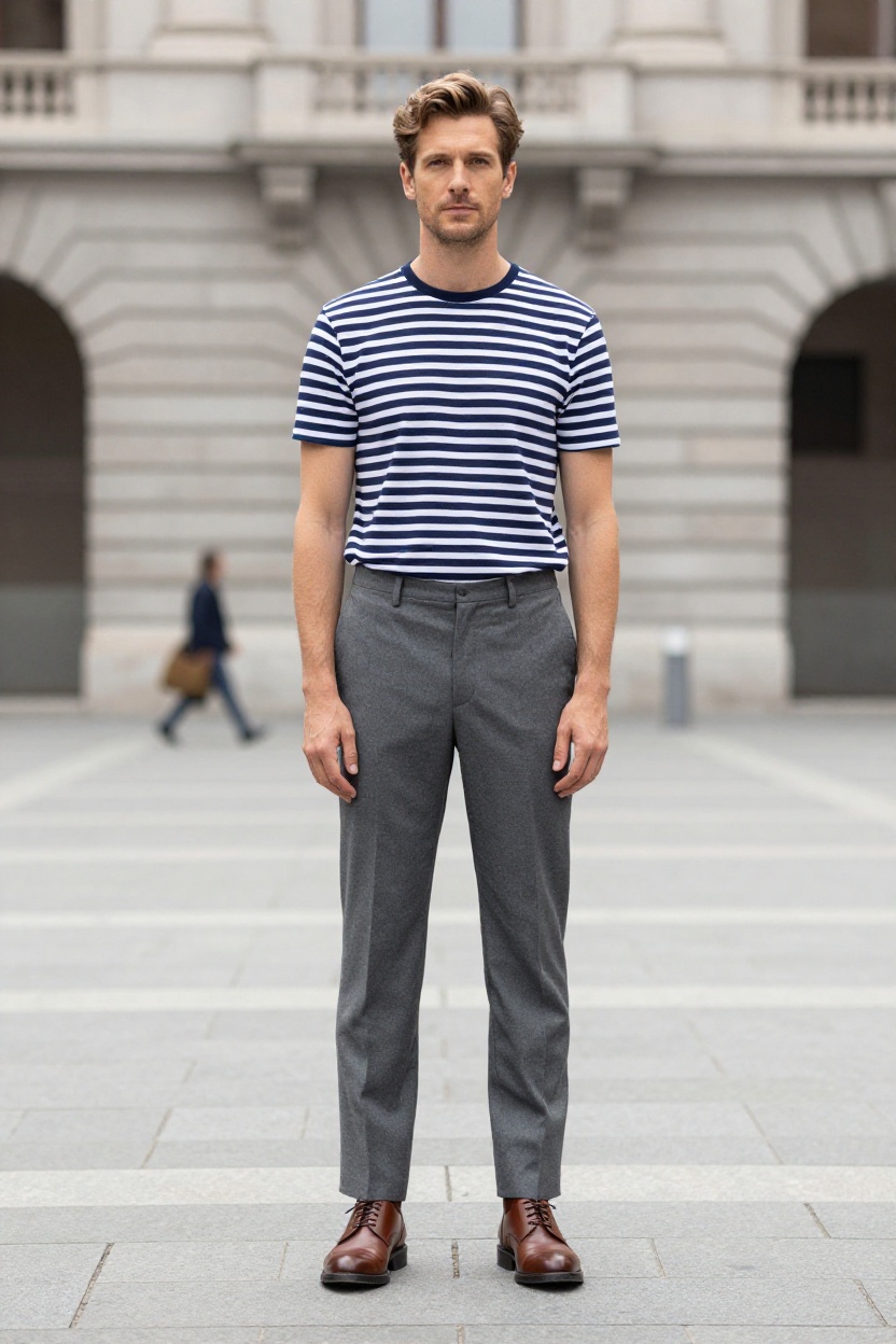 4. Striped Breton Shirt and Tailored Trousers