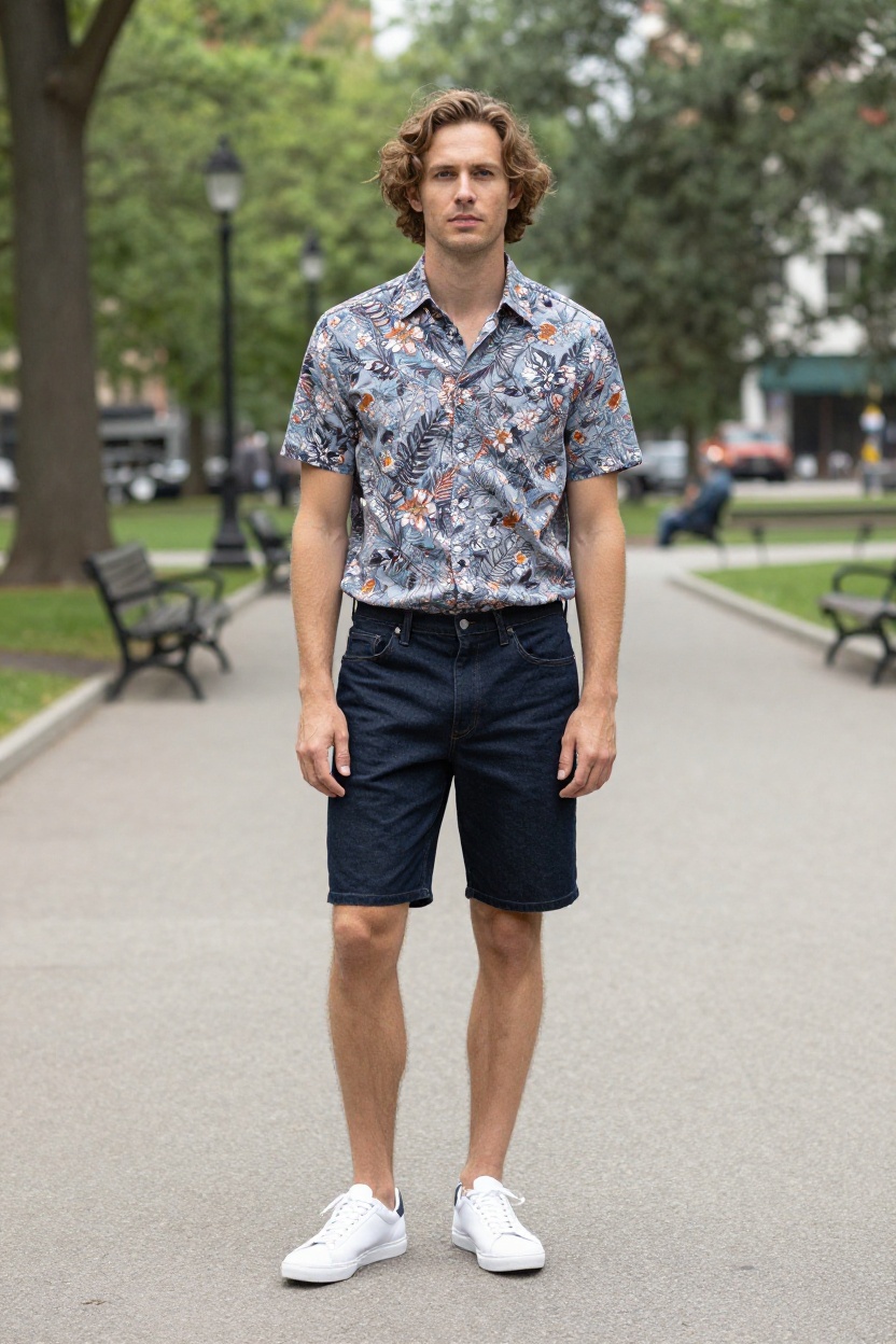7. Short Sleeve Button-Down and Denim Shorts