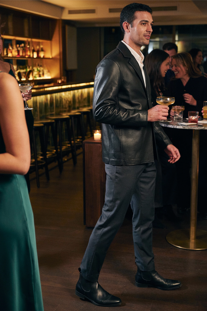 Black Leather Jacket with Charcoal Dress Trousers