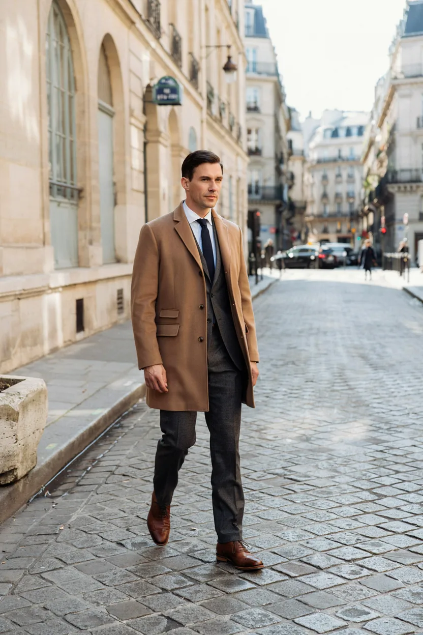 Camel Overcoat with Grey Suit
