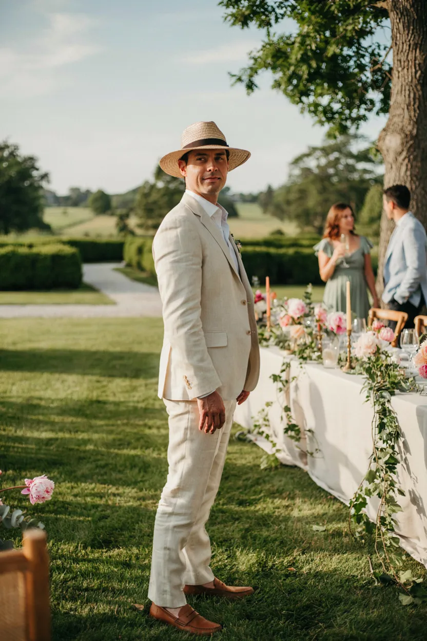 Cream Linen Suit with a Panama Hat
