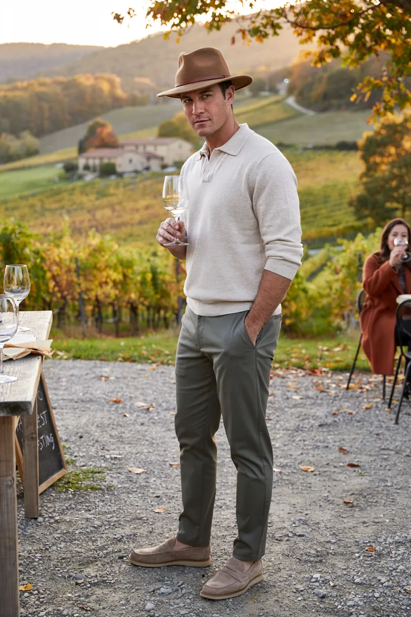 Olive Trousers, Knit Polo, and a Camel Felt Hat