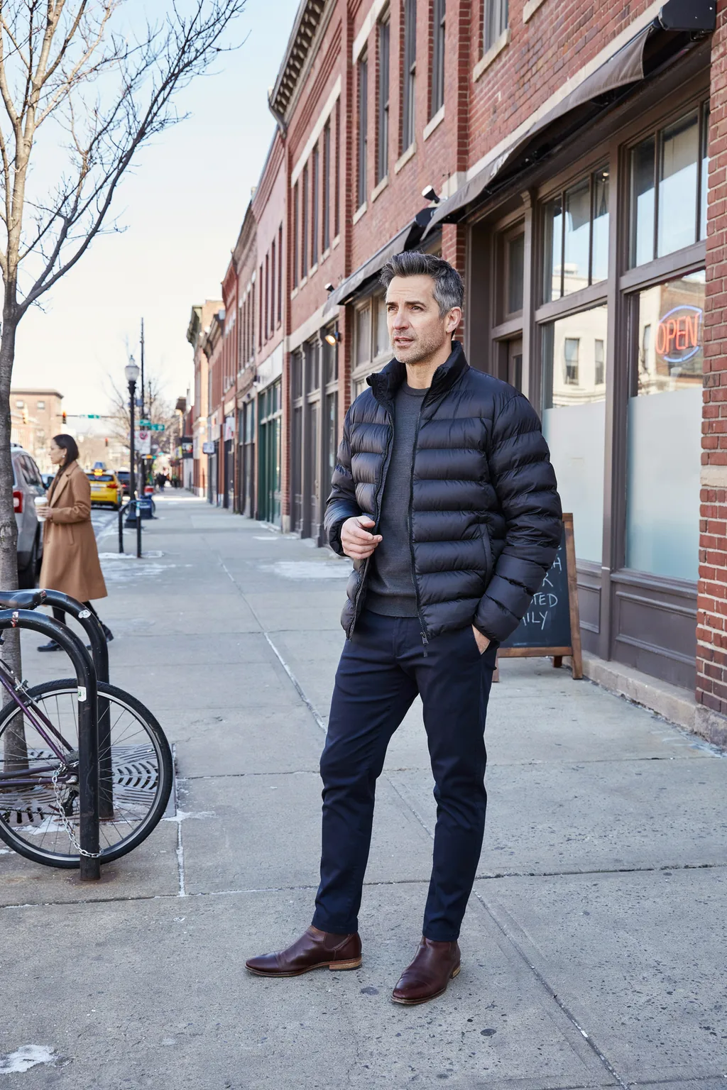 Puffer Jacket with Slim Chinos